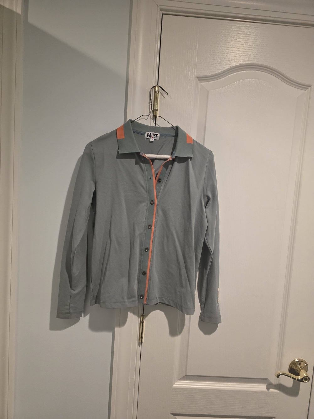 PAUSE Greenish Grey Button-Up Polo Top with Coral Trim